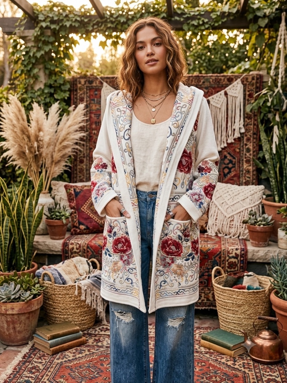 Embroidered Floral Hooded Robe Jacket - White with Red & Blue Accents